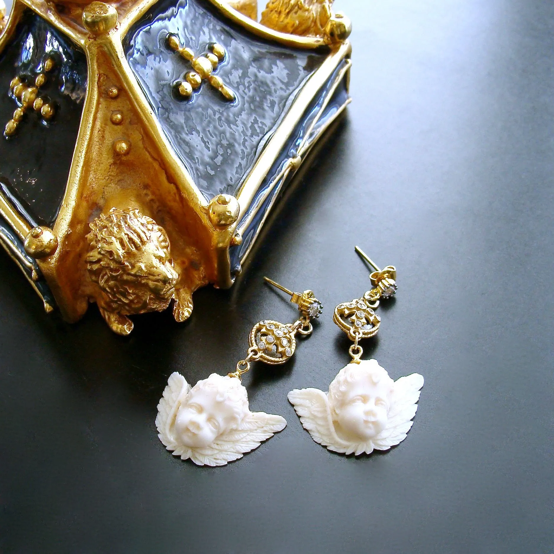White Topaz Neo Classical Pyrite EcoIvory Cherub Earrings - Mon Petite Cherubim Earrings