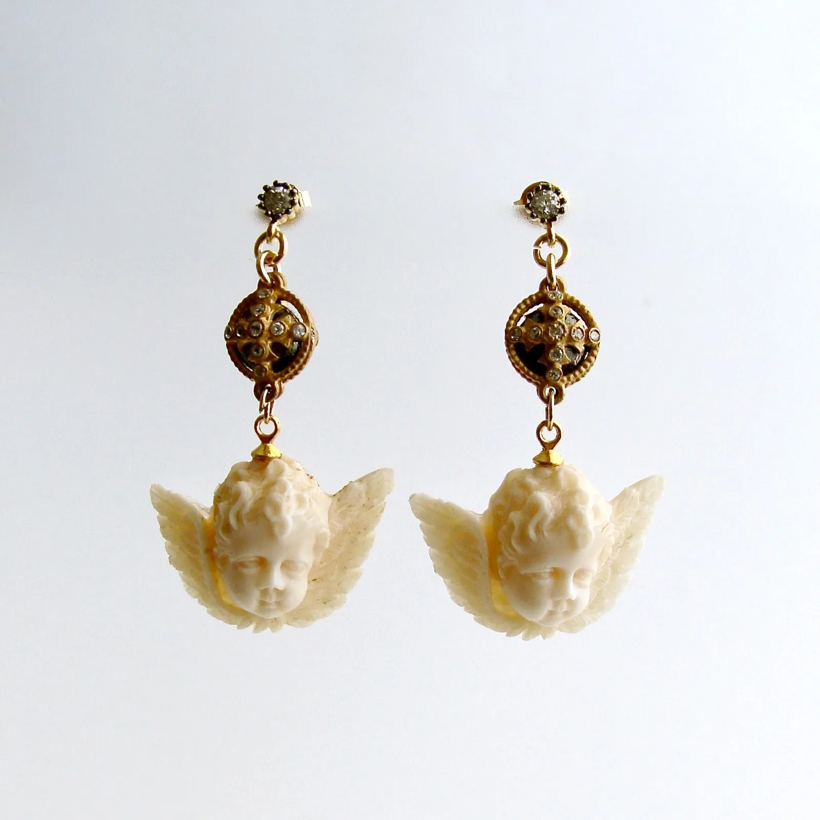 White Topaz Neo Classical Pyrite EcoIvory Cherub Earrings - Mon Petite Cherubim Earrings