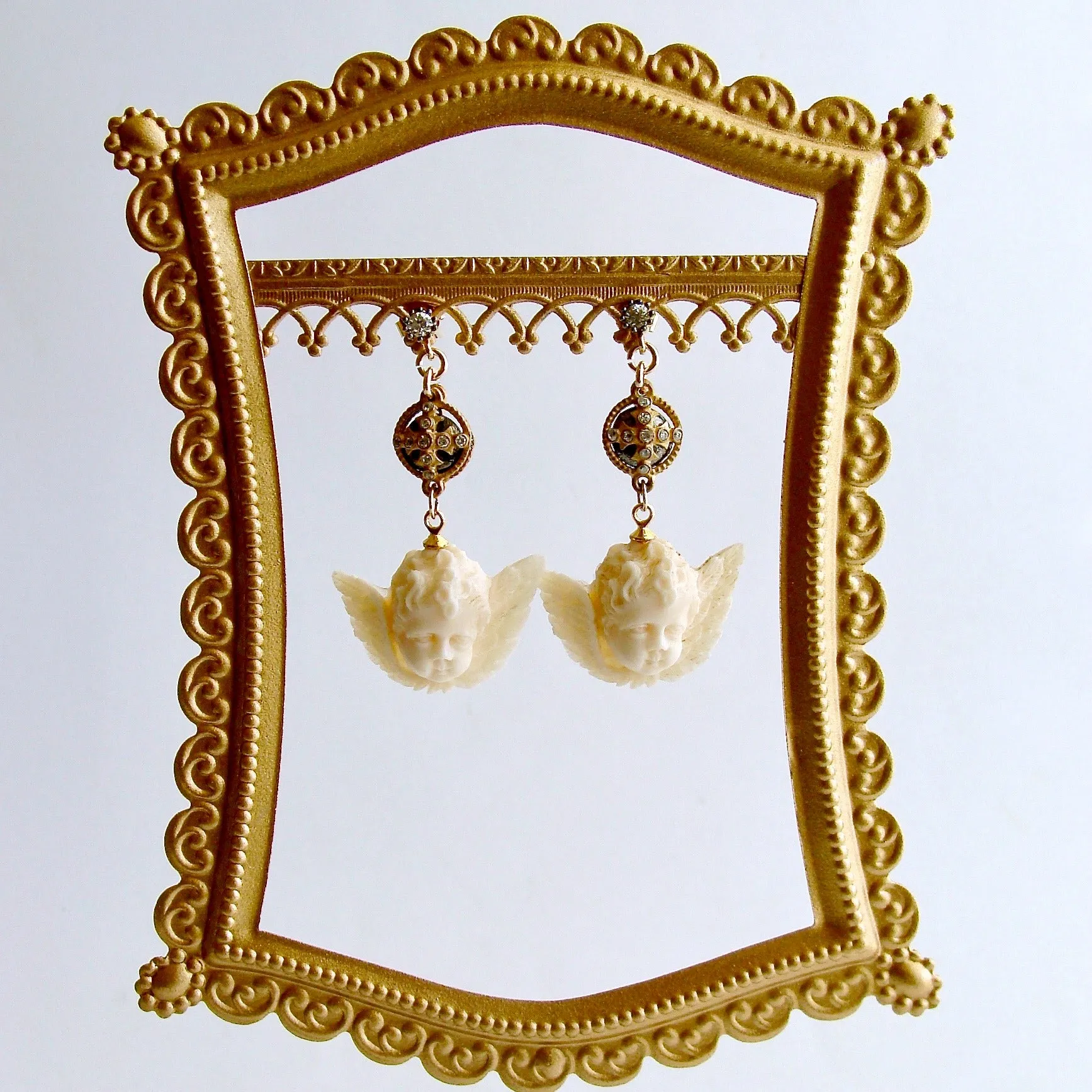 White Topaz Neo Classical Pyrite EcoIvory Cherub Earrings - Mon Petite Cherubim Earrings