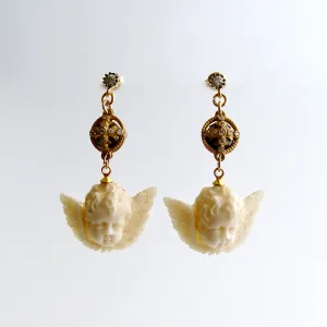White Topaz Neo Classical Pyrite EcoIvory Cherub Earrings - Mon Petite Cherubim Earrings
