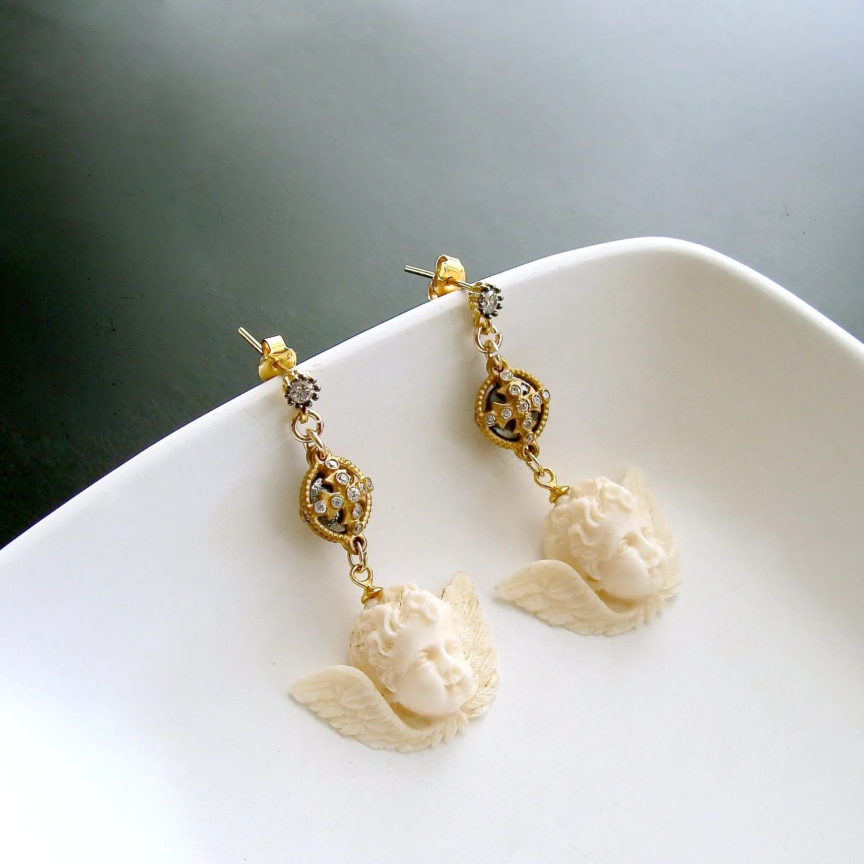 White Topaz Neo Classical Pyrite EcoIvory Cherub Earrings - Mon Petite Cherubim Earrings