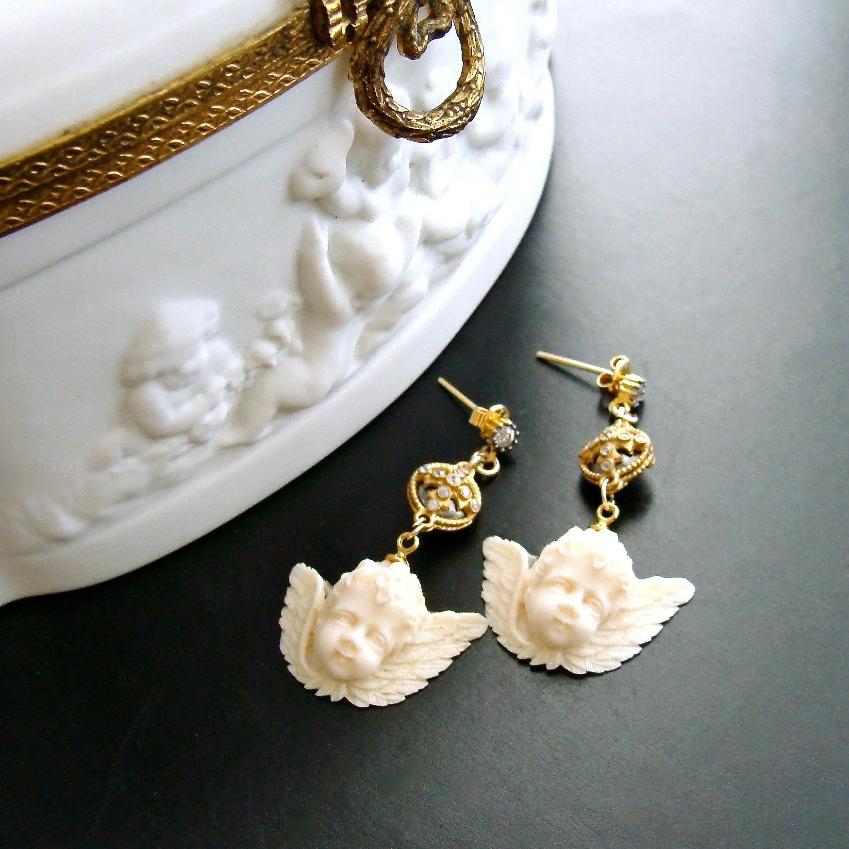 White Topaz Neo Classical Pyrite EcoIvory Cherub Earrings - Mon Petite Cherubim Earrings