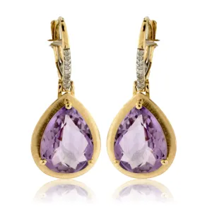 Yellow Gold Textured Amethyst Drop Earrings