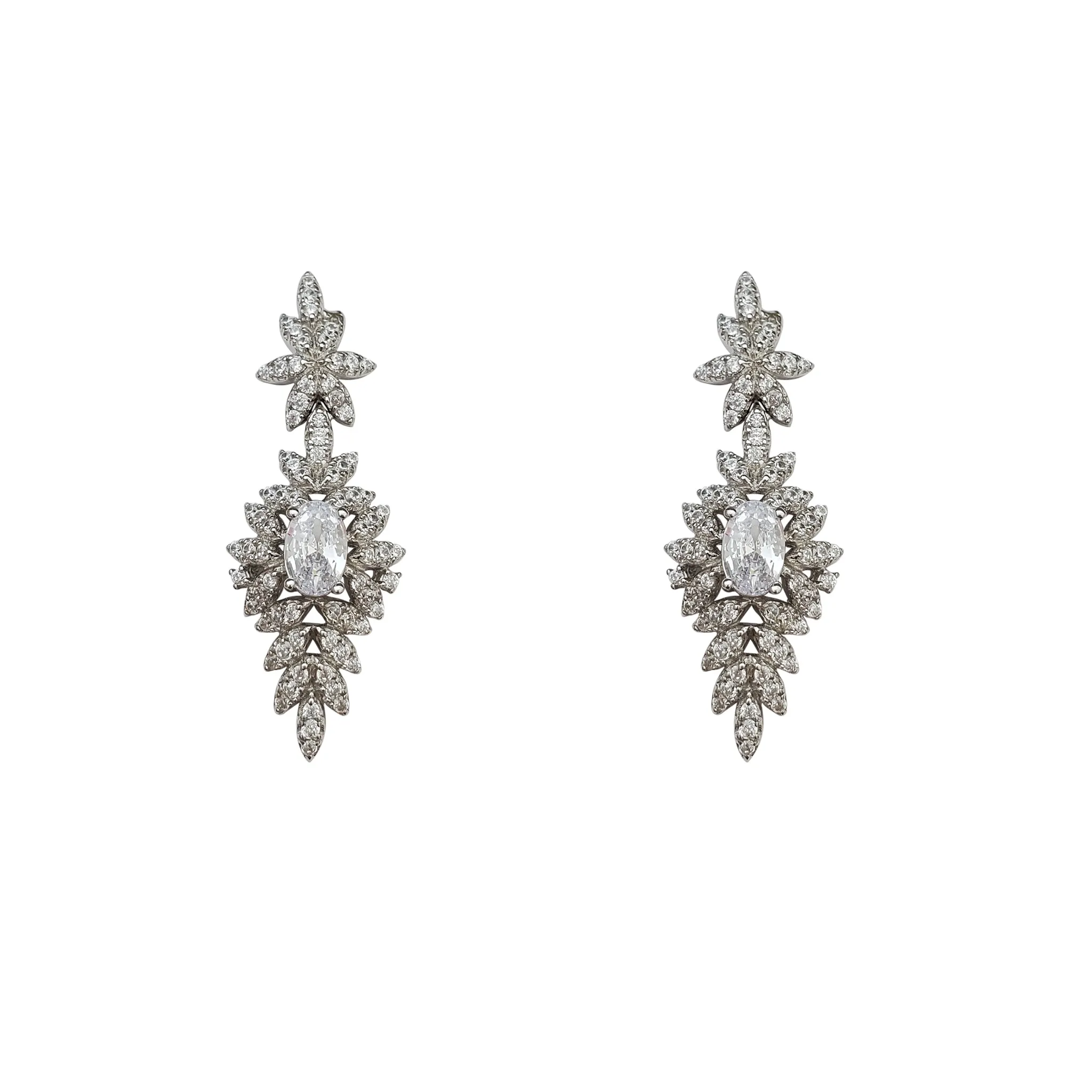 Zirconia Cluster Round & Oval-Shaped Drop Earrings (Silver)
